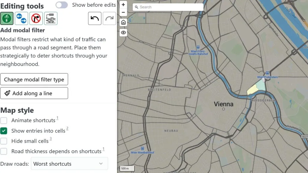 Screenshot of the LTN tool showing a low-traffic neighbourhood scenario for Vienna.